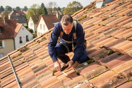Technicien solaire mesurant la surface d'un toit en tuiles pour dimensionner des panneaux solaires