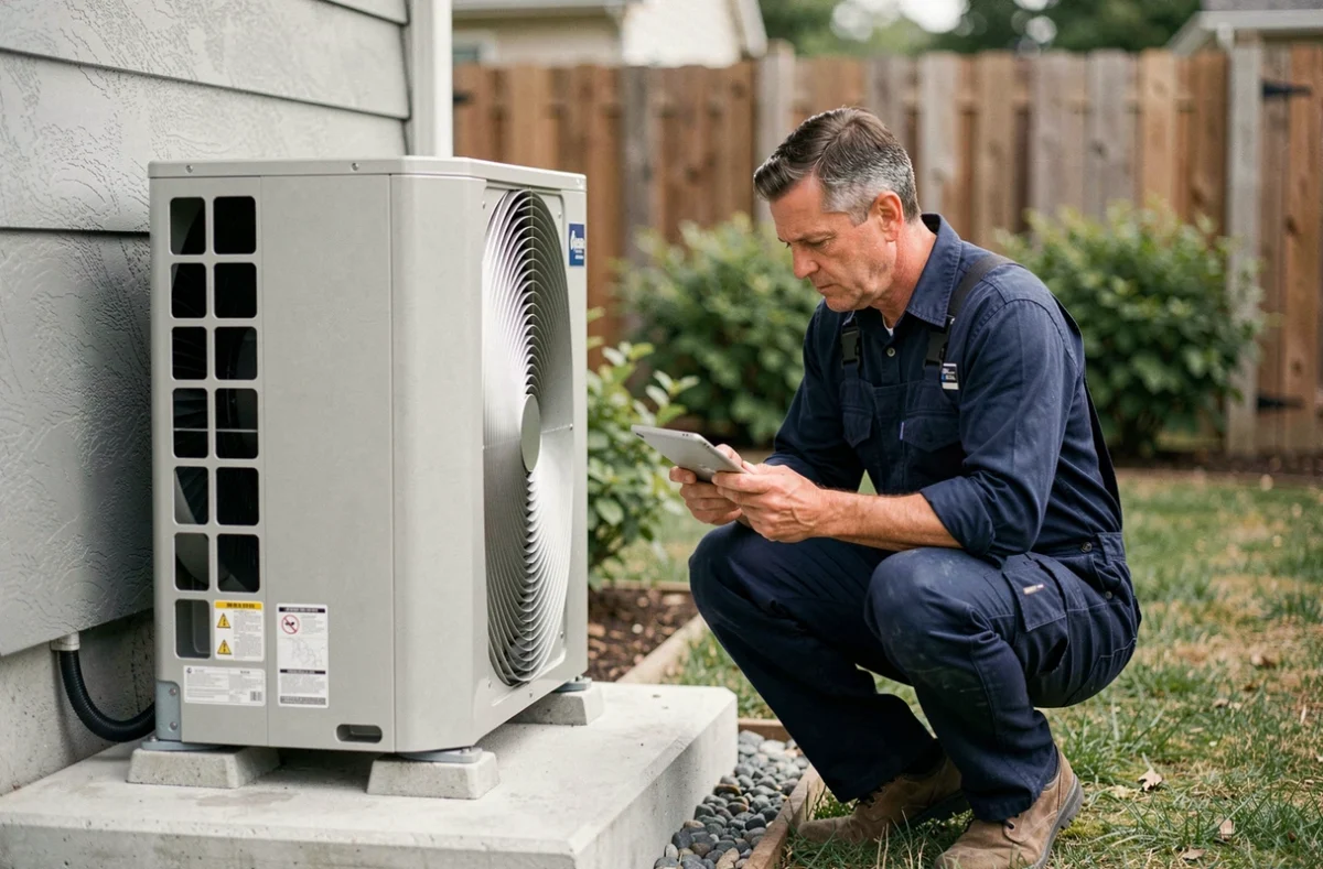 Technicien inspectant une pompe à chaleur air-eau installée en extérieur d'une maison individuelle