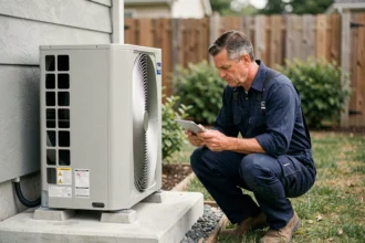 Technicien inspectant une pompe à chaleur air-eau installée en extérieur d'une maison individuelle