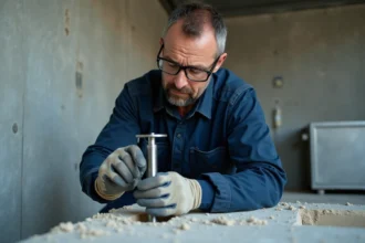 Technicien appliquant un scellement chimique sur cheville filetée dans un mur en béton industriel