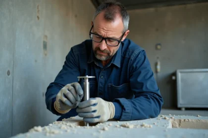 Technicien appliquant un scellement chimique sur cheville filetée dans un mur en béton industriel