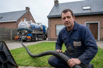 Technicien en combinaison bleue effectuant une vidange de fosse septique dans un jardin résidentiel à Mons