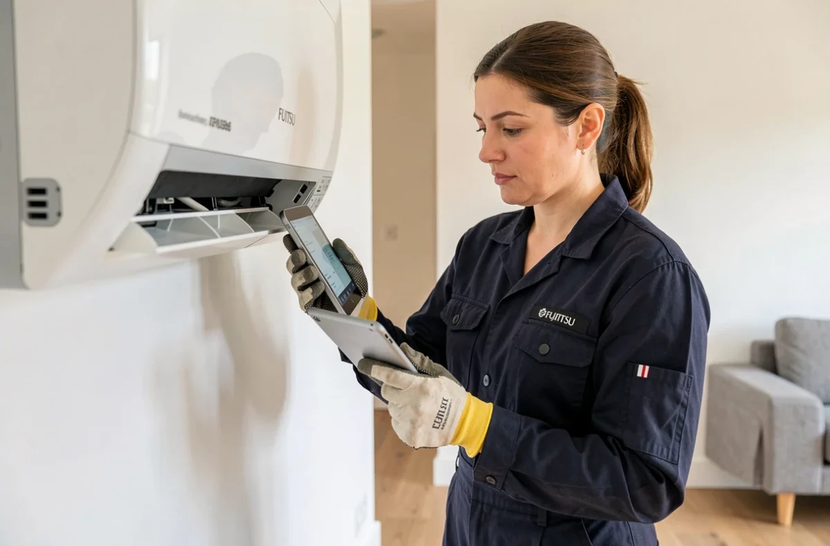 Technicienne HVAC inspectant une unité intérieure de pompe à chaleur Fujitsu dans un salon moderne
