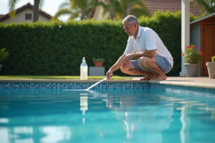 Homme testant l'eau de la piscine extérieure avec une bandelette