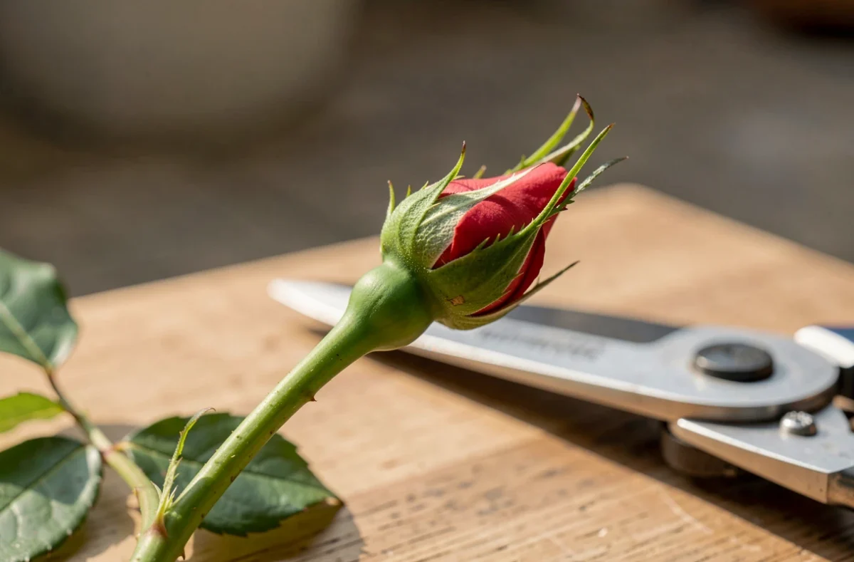 Tige de rosier coupée en biais juste au-dessus d'un œil