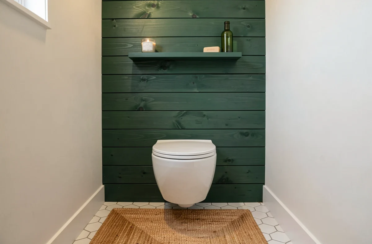 Toilette suspendu encastré dans une fausse cloison en bois peint vert forêt pour une déco WC petit budget