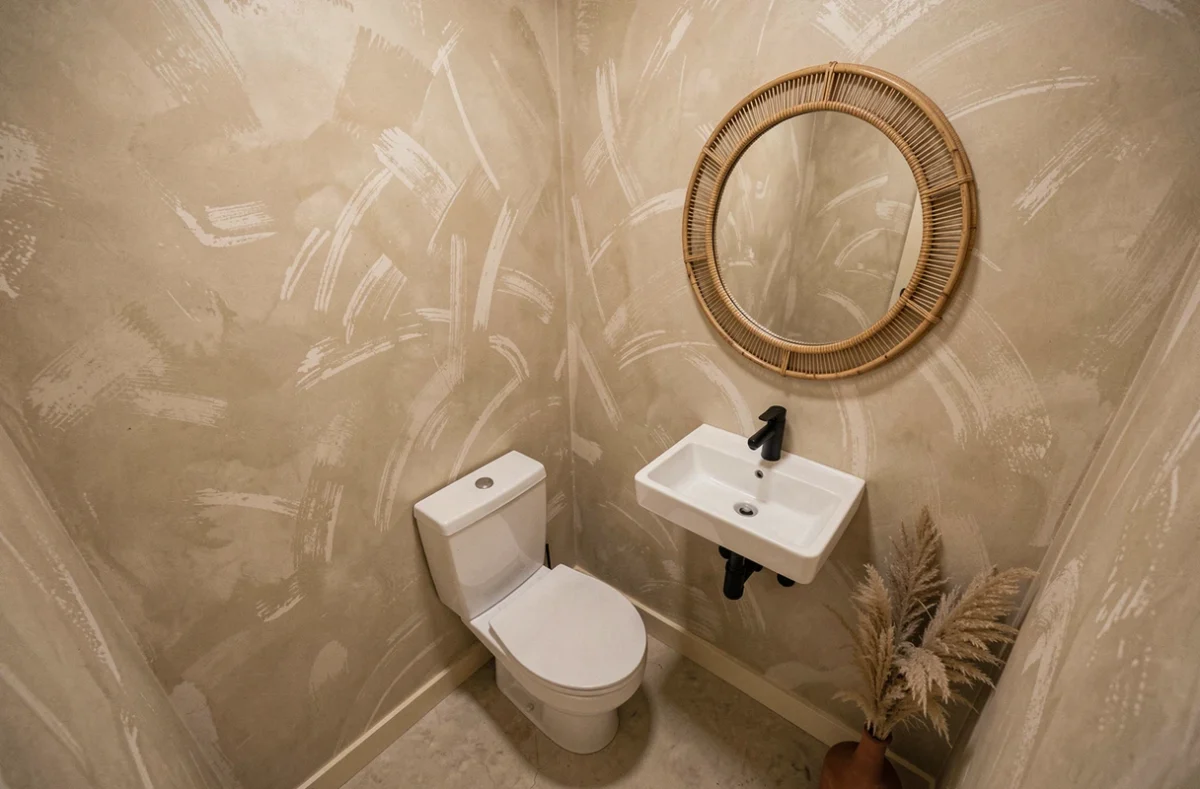 Vue d'ensemble de WC avec toilette suspendu, mur en peinture chaux et déco naturelle rattan et pampa pour petit budget