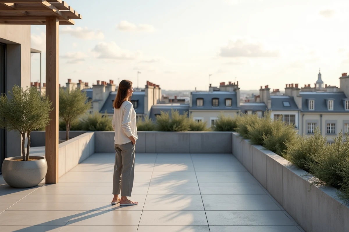 Femme sur un toit terrasse aménagé à Paris avec carrelage en grès cérame, pergola bois et vue sur les toits haussmanniens