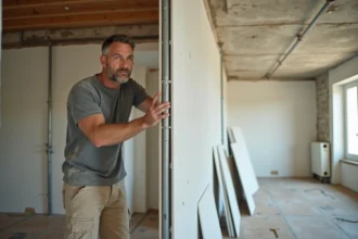 Ouvrier en train de visser des plaques de plâtre sur une ossature métallique dans un appartement ancien en cours de rénovation