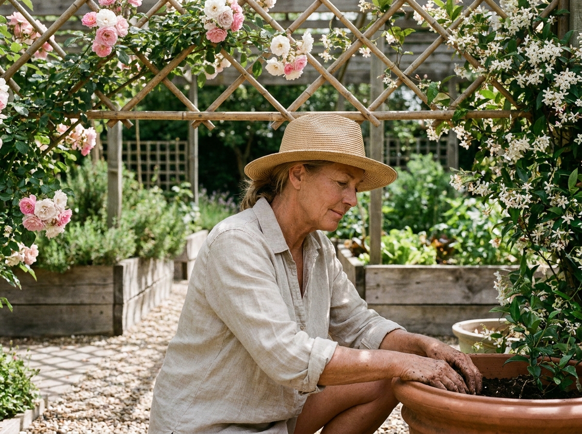 Femme âgée jardiant sous une treille en bambou couverte de rosiers grimpants et de jasmin, avec des ombres décoratives projetées sur un chemin en galets