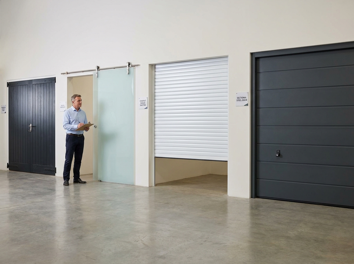 Showroom présentant quatre types de portes de garage côte à côte : battante, coulissante, enroulable et sectionnelle