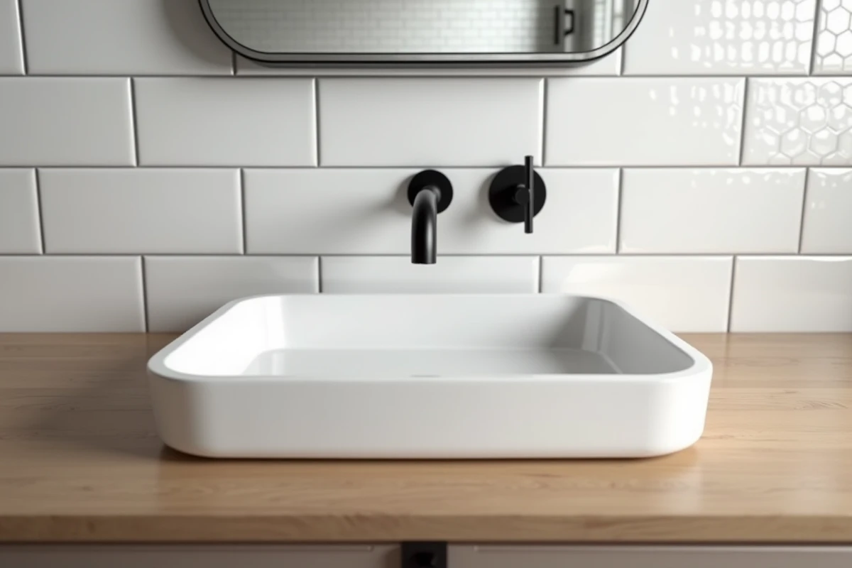 Vasque rectangulaire encastrée de 60 cm de large dans un plan de travail en chêne clair, idéale pour mesurer la largeur minimale d'une salle de bain