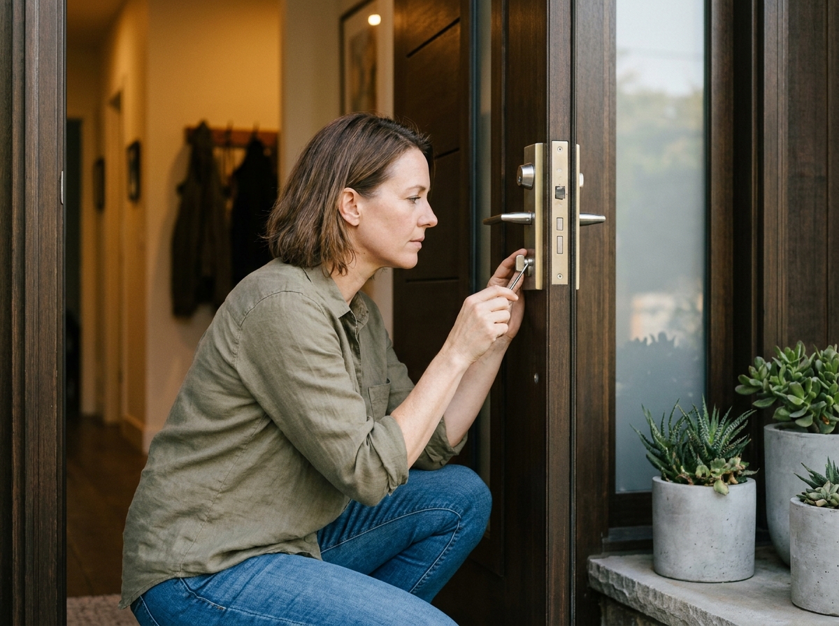 Femme inspectant la serrure de sa porte d'entrée avant de partir en vacances pour vérifier la sécurité de son domicile