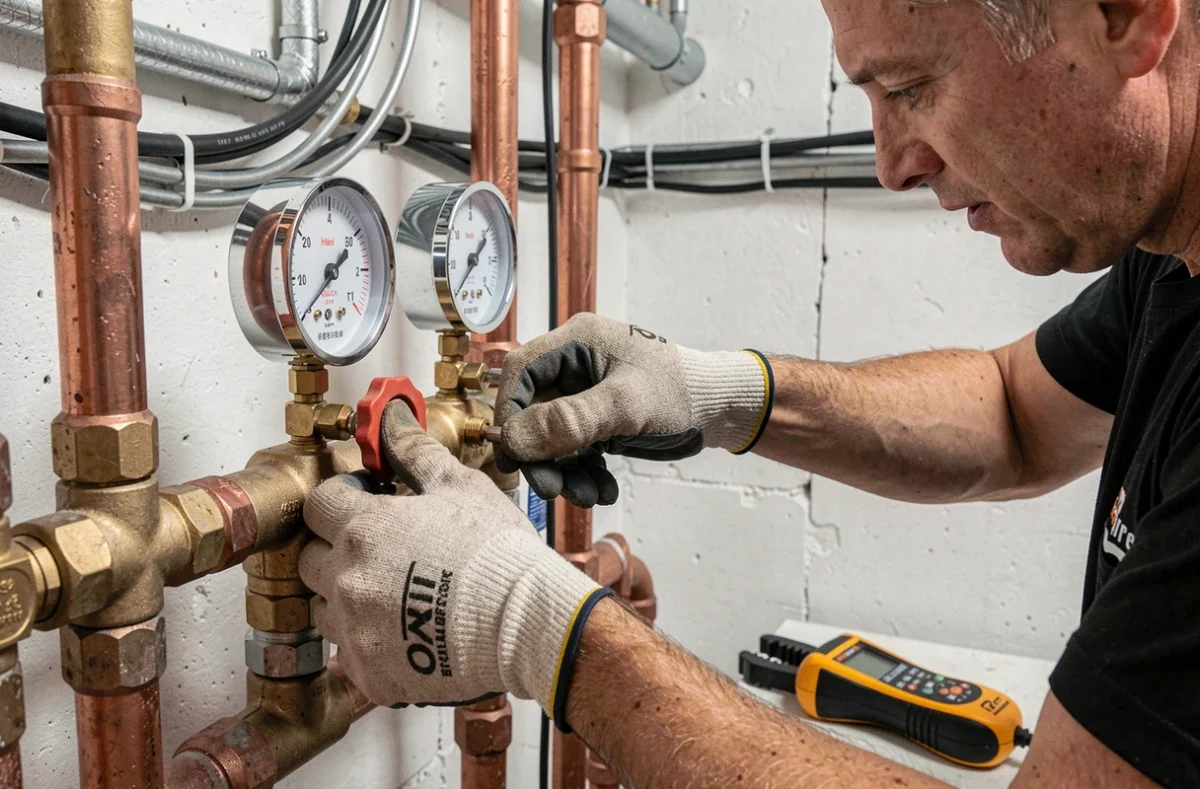 Gros plan sur les mains de techniciens vérifiant les manomètres et les vannes d'une pompe à chaleur géothermique en sous-sol