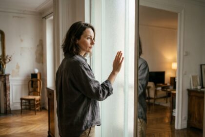 Femme contemplant un panneau en verre dépoli dans un appartement parisien pour gagner de la lumière naturelle tout en préservant l'intimité
