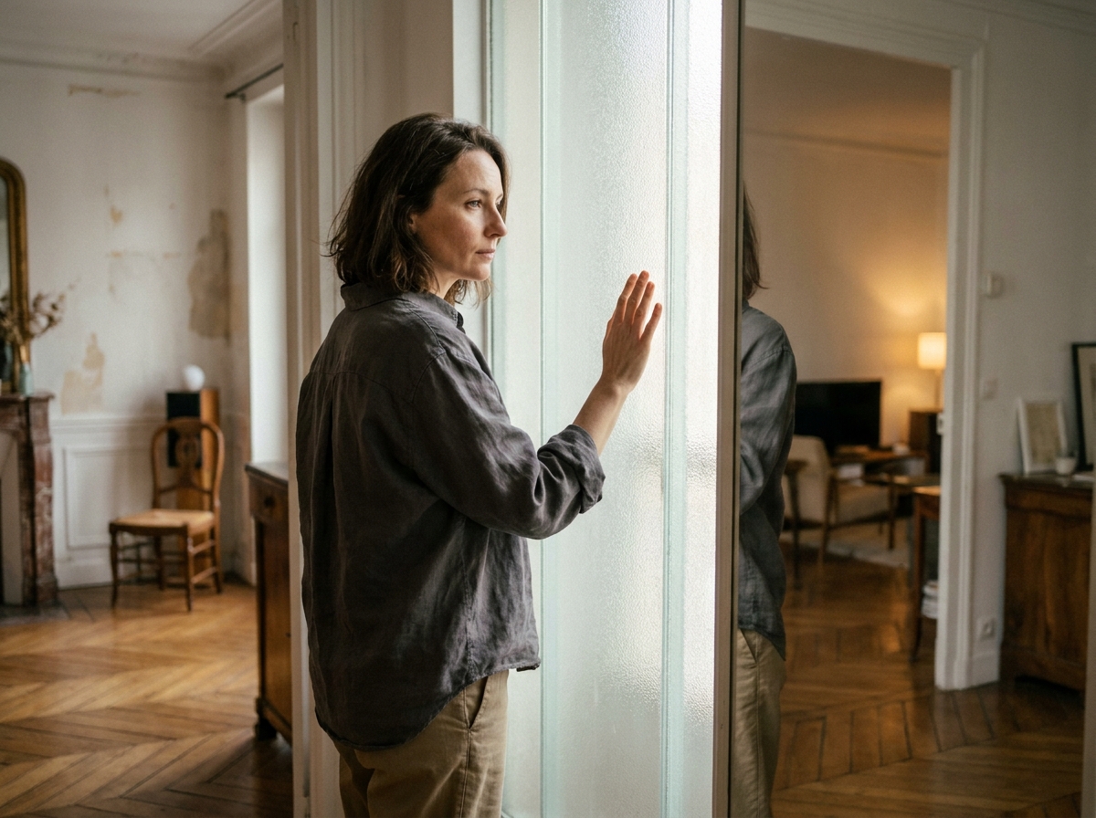 Femme contemplant un panneau en verre dépoli dans un appartement parisien pour gagner de la lumière naturelle tout en préservant l'intimité