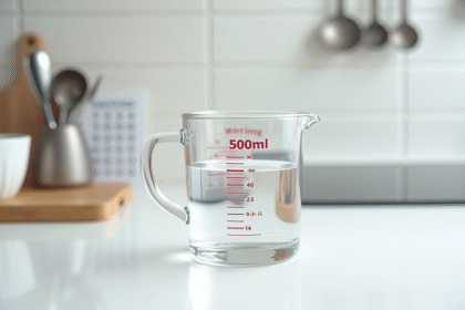 Verre mesureur rempli à 500 ml d'eau sur plan de cuisine