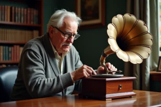 Homme âgé nettoyant un gramophone ancien dans un bureau chaleureux