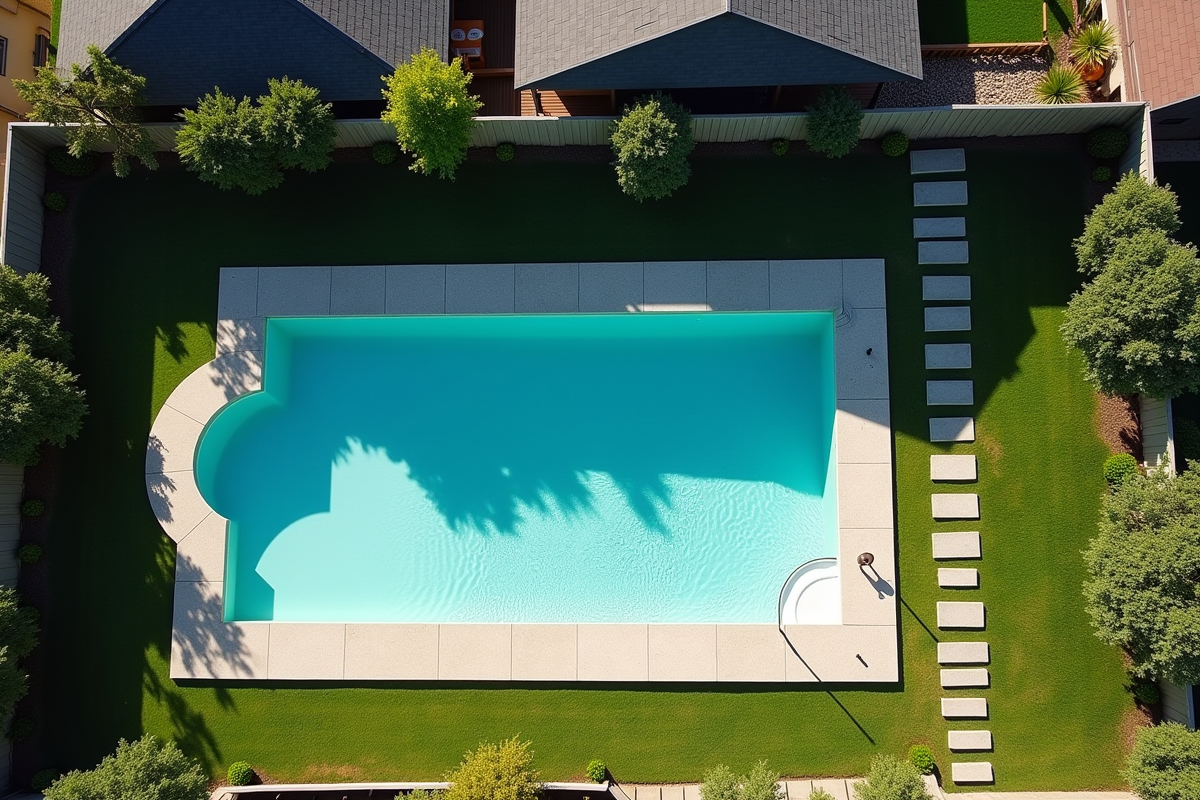 Vue aérienne de plusieurs maisons avec piscines dans leur jardin
