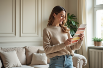 Femme souriante arrangeant des échantillons de peinture dans un salon moderne